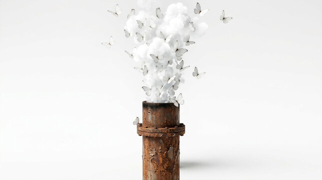 Conceptual image of a rusty industrial smokestack releasing pure white butterflies instead of smoke, symbolizing green energy, zero emissions, environmental protection, and ecology