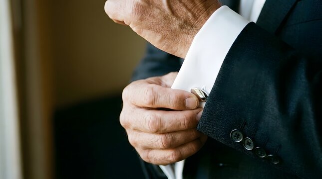 Man fastening metal cufflink on white shirt sleeve wearing luxury dark formal suit for a wedding