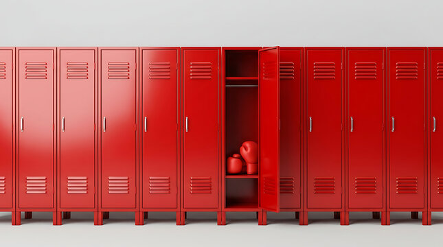 Row of red metal lockers with one open door revealing boxing gloves inside gym