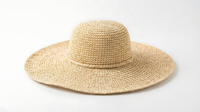 Classic wide brim straw sun hat isolated on white background summer fashion accessory