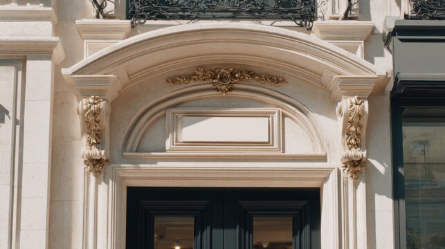 Modern classic storefront facade with blank stone sign area for luxury retail branding