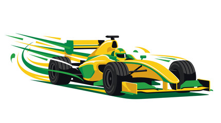 Stylized Yellow and Green Open-Wheel Racing Car Illustration with Dynamic Speed Lines and Motion Effects on a Clean White Background for Professional Sports Graphic Design © YUDI IRAWAN