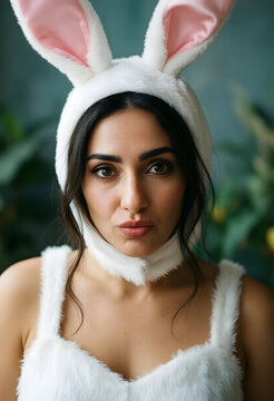 Easter celebration and holiday joy, young woman wearing white bunny ears headband and costume for festive spring party portrait in indoor setting
