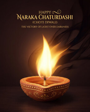Happy Naraka Chaturdashi and Choti Diwali greeting card template with close up of lit clay diya oil lamp and bright flame defeating dark smoke background.