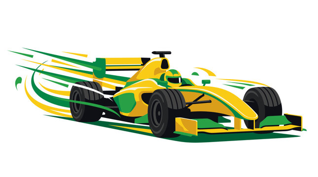 Stylized Yellow and Green Open-Wheel Racing Car Illustration with Dynamic Speed Lines and Motion Effects on a Clean White Background for Professional Sports Graphic Design