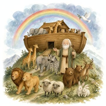Watercolor Rainbow Over The Ark Resting On A Green Mountain Top