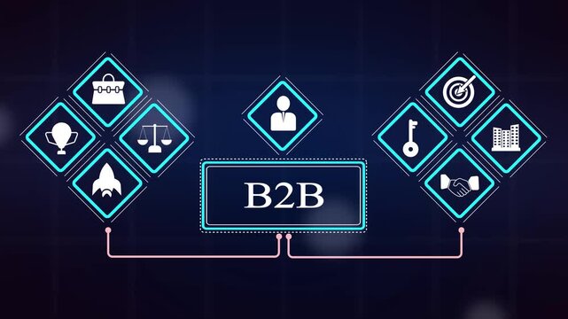 Futuristic business to business ecosystem animation displaying neon icons for partnership trophy scale key rocket briefcase target company connection.