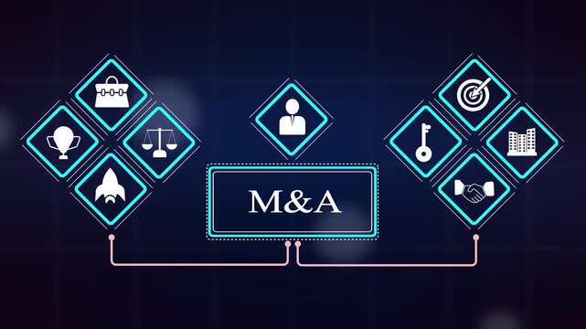 Mergers and acquisitions strategy motion graphic featuring central m&a title surrounded by glowing icons for handshake target rocket scale briefcase key trophy.