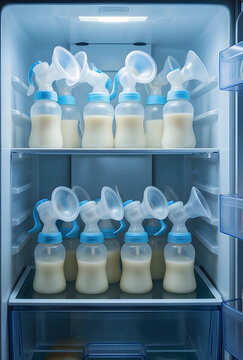 Breastfeeding and motherhood support, breast milk storage in refrigerator for working mothers and infant nutrition with breast pump bottles on shelves