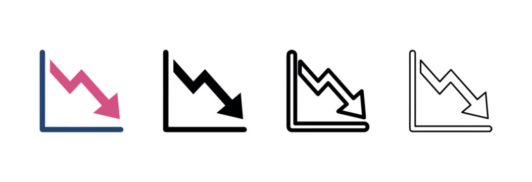 Downward trend graph icon set. Recession or decline chart with arrow pointing down.