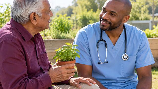 Older woman holds a potted herb while talking with a healthcare professional outdoors, linking gardening activity, social connection, community support, engagement, and holistic wellbeing.