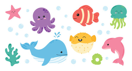 Fototapeta premium Cute Ocean Animal Vector Set with Whale Dolphin Octopus and Fish