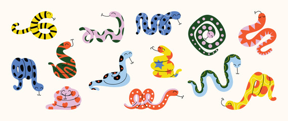 Fototapeta premium Colorful Cartoon Snakes Vector Collection with Curled Reptile Poses