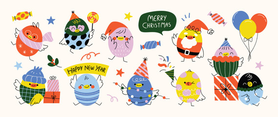 Obraz na płótnie Canvas Cute Christmas Birds Vector Illustration Set with Colorful Festive Characters, Santa Hats, Party Balloons, Wrapped Gifts, Candy and Happy New Year Decorations.