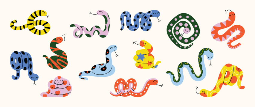 Colorful Cartoon Snakes Vector Collection with Curled Reptile Poses
