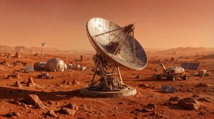Fototapeta premium Deep space communication outpost on planet Mars. Large satellite dish and research base for interplanetary exploration.