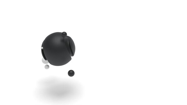Abstract 3D animation of a matte black spherical object with curved orbital grooves, surrounded by small black and white spheres moving in dynamic circular paths. The floating geometric composition