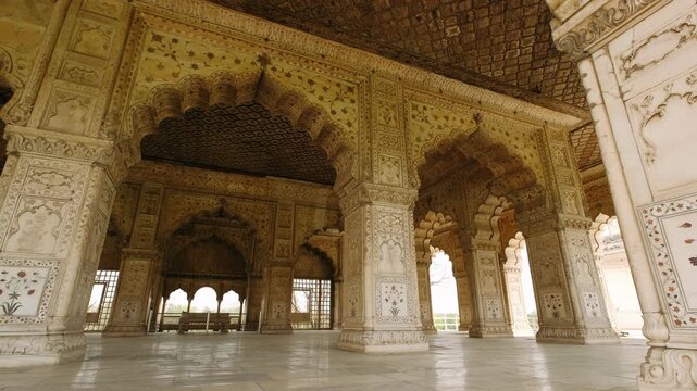 Ornate marble interior of diwan i khas hall of private audience in red fort complex in delhi, india