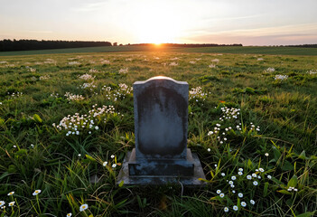 Naklejka premium Grief and loss concept, blank tombstone in a peaceful meadow at sunset for memorial service, remembrance and funeral planning in a quiet rural landscape