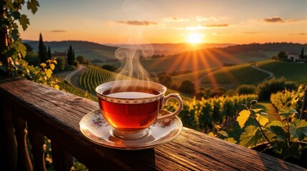 Fototapeta premium Hot tea in ceramic cup on wooden balcony railing at sunset. Steaming mug sits against hills with vineyards. Golden sun rays shine over countryside landscape. Relaxing evening atmosphere with warm