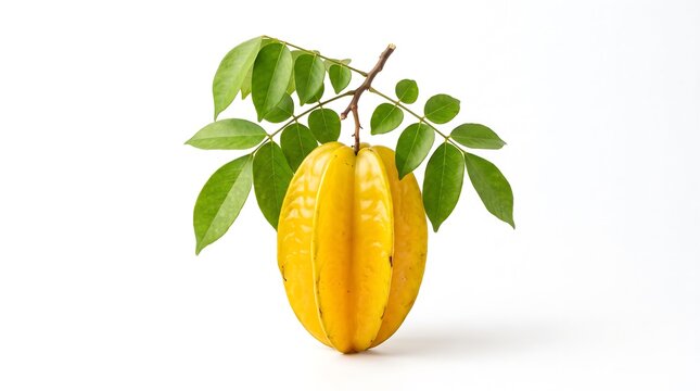 Whole ripe yellow star fruit with green leaves on a white background