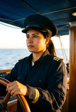 Leadership and maritime career, female ship captain steering a vessel at sea during sunset for professional navigation and nautical transport industry