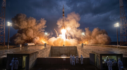 Fototapeta premium Rocket launching from cosmodrome at night. Ground crew in protective suits watching spacecraft lift off from launchpad into stormy sky.