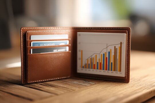 Wallet displays mini bar charts and financial graphs representing money and savings on a wooden table in a bright room