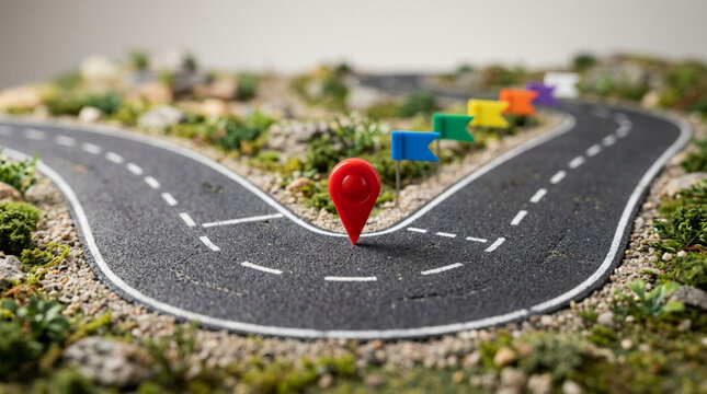 Forked Road with Red Pin and Colorful Flags, Decision Point