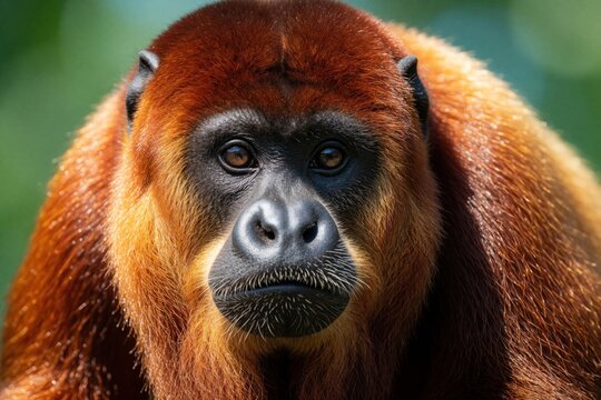 Close up portrait of Colombian red howler monkey face. Wild primate with orange fur, black skin looks at camera. Tropical animal head with expressive eyes in jungle habitat. Mammal wildlife species