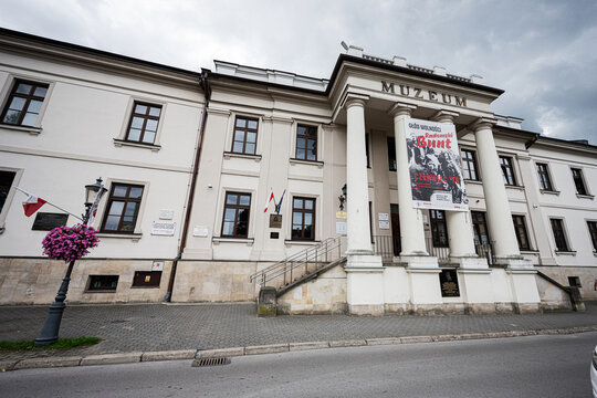 Historic museum facade with grand columns and portico in Radom, Poland showcasing neoclassical architecture and city cultural landmark
