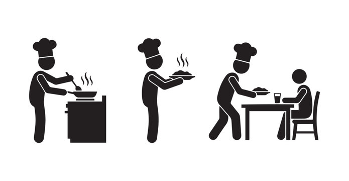 Set of black stick figure icons showing a professional chef cooking food and serving a meal to a customer