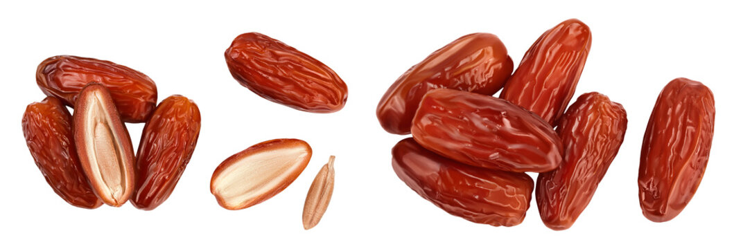 Dates isolated on white background . Top view. Flat lay