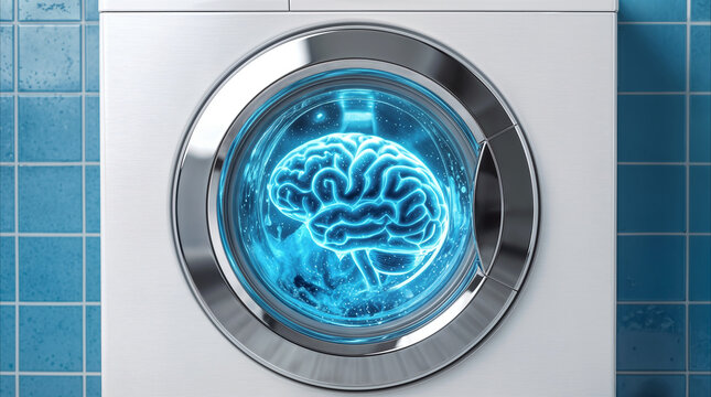 Glowing human brain inside washing machine drum. Surreal concept of brainwashing, mental cleansing, and cognitive processing.
