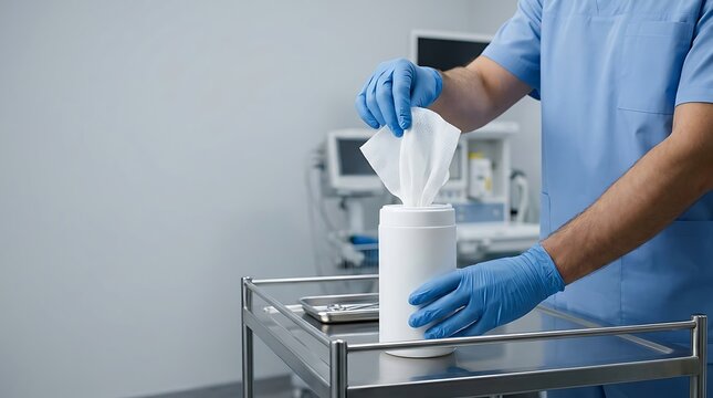 Healthcare professional wearing blue gloves and taking a wipe from a dispenser.