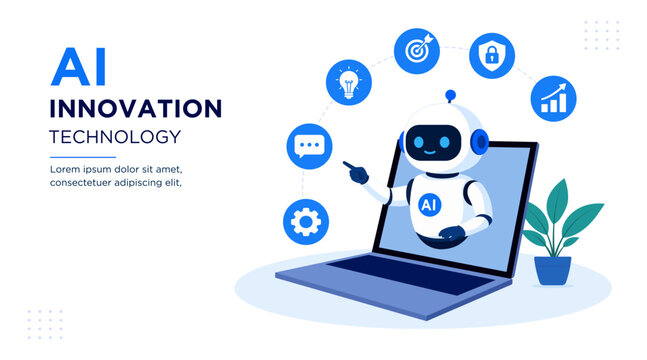 AI innovation technology concept with robot assistant. Vector illustration of artificial intelligence, automation, communication, analytics, security, business growth. Flat design.