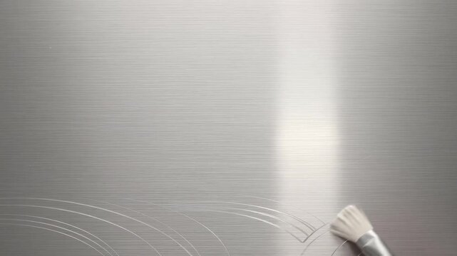 Brushed platinum metal surface with sweeping light reflections and a paintbrush moving across elegant circular lines, creating a sleek industrial background.