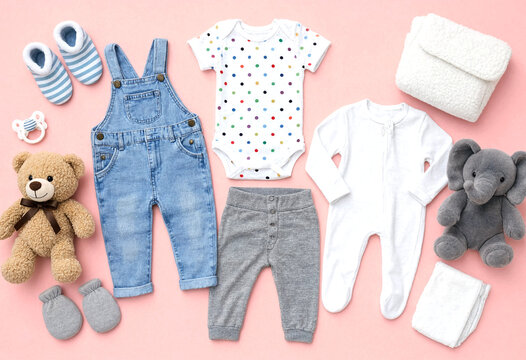 Collection of baby clothes and accessories arranged on pink background