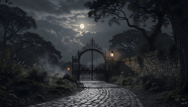 Mysterious gothic wrought iron gate illuminated by moonlight on a