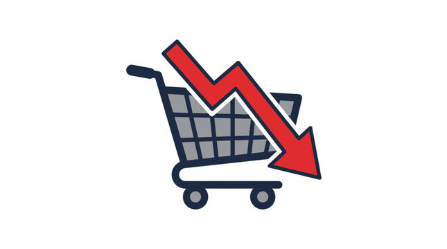 Simple Vector Pictogram Representing Economic Decline with a Red Downward Arrow Over a Shopping Cart Symbolizing Decreased Sales Consumer Spending Drop and Retail Recession Icon on White Background