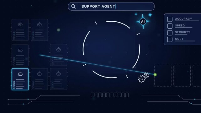 AI Agent Selection Interface Animation, Futuristic Technology UI, Support Agent Deployment Visualization, Digital Dashboard, Interactive Data Display, Modern User Experience, Sci-Fi Tech Design