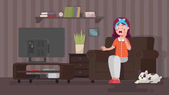 Shocked young woman watching television sitting on living room sofa with pet dog in animated motion footage clip