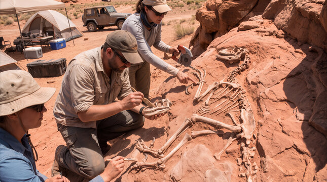 Paleontologists excavating dinosaur fossil in desert canyon. Team of researchers carefully uncovering prehistoric skeleton from red sandstone at archaeological site.