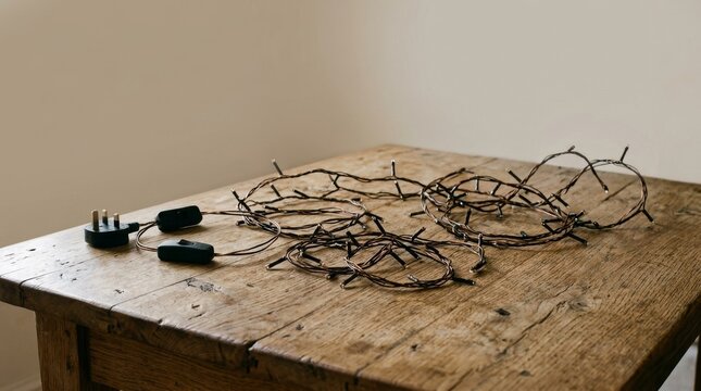 A set of decorative fairy lights rests on a rustic wooden table indoors.