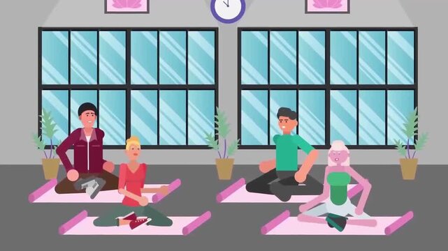Group of diverse people practicing yoga together inside bright modern studio room during workout animation video footage