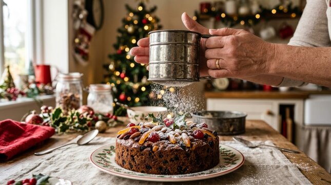 A person uses a sifter to dust sugar over a festive fruit cake.