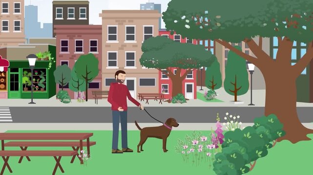 Animated video footage showing man walking dog in city park with colorful buildings and trees in motion