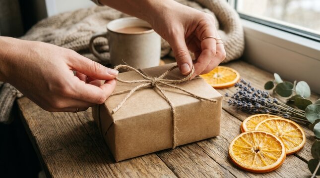 A person uses their hands to tie a rustic string around a gift box.