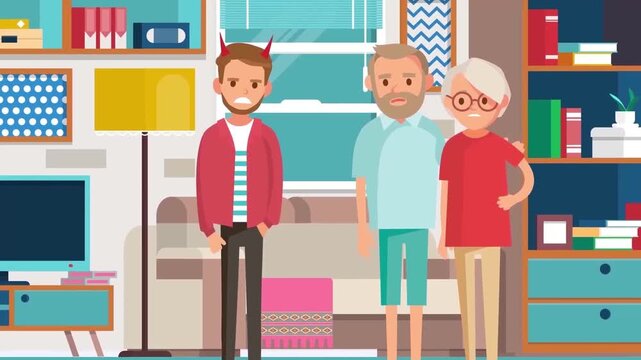 Animated family characters standing together in living room interior illustration motion graphic clip
