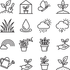 Fototapeta premium Gardening and nature line icons set featuring plants flowers weather